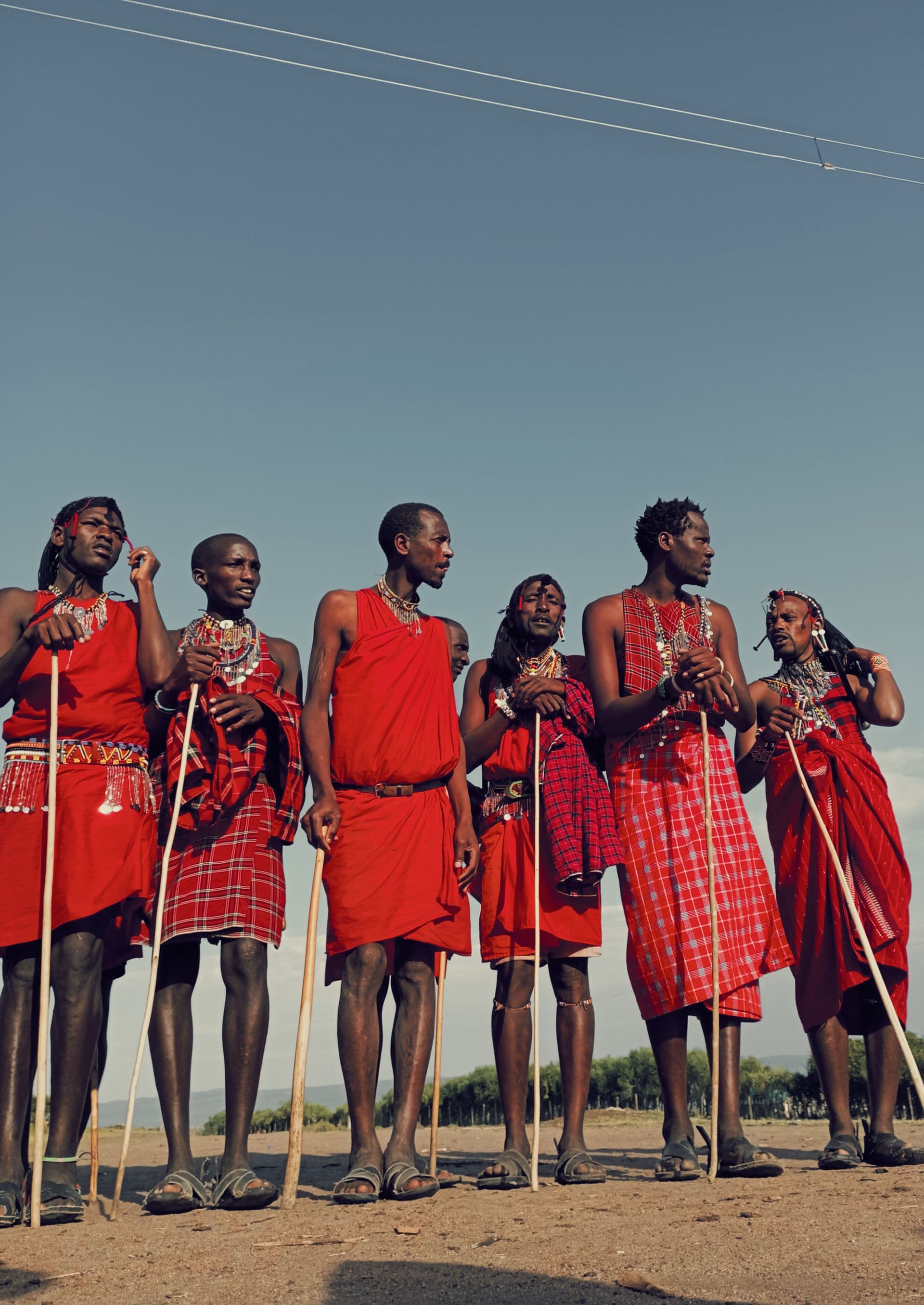 Guides walking out across open savanna at golden hour